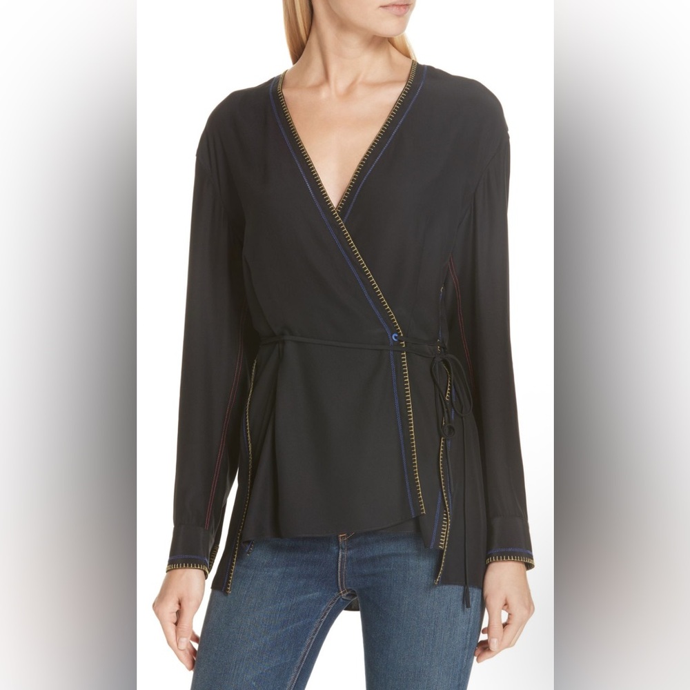 Rag and Bone Black Lina Wrap Tie-Waist Silk Colored Embroidered Blouse Size L